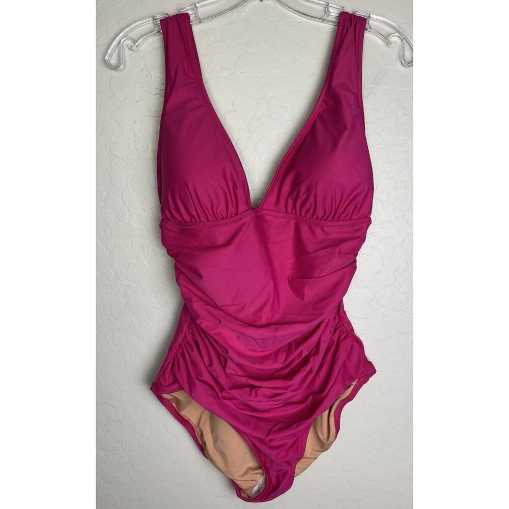 NEW‎ J. Crew Ruched Slimming V-Neck Wireless One Piece Swimsuit Sz 24 Pink 1435